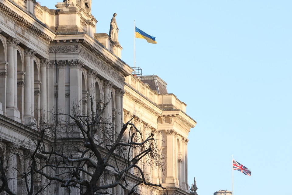 Ukraine and UK flags fly over the Foreign Office building. Credit: FCDO. 