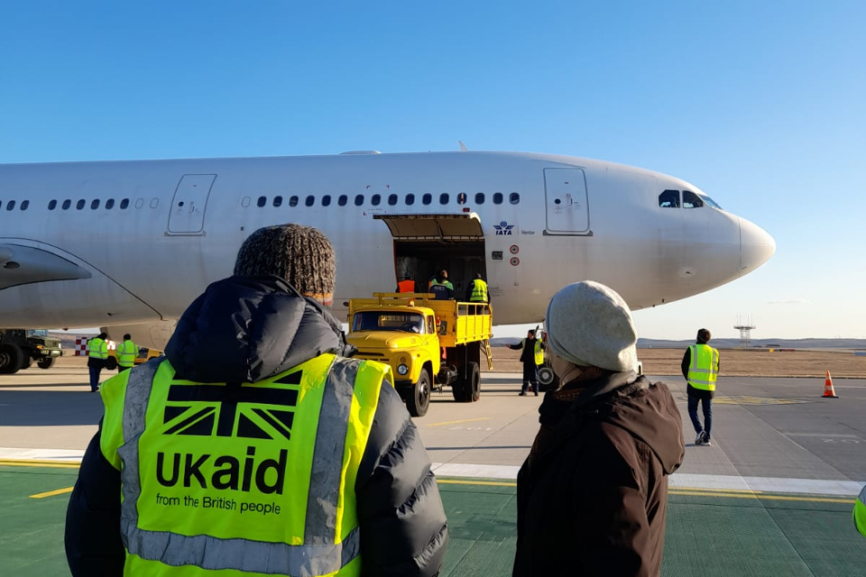 A UK aid flight carrying blankets and hygiene kits for Ukrainian refugees arrives in Moldova, 12 March 2022.