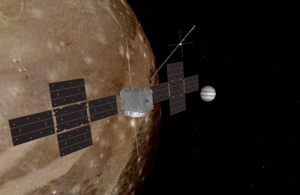 Artist's impression: JUICE around Ganymede with Jupiter in background.