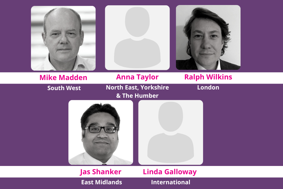 Image of DASA innovation partners. Left to right: South West, North East Yorkshire & The Humber, London, East Midlands, International