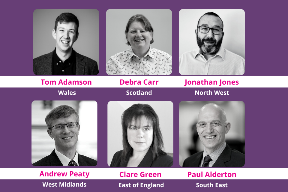 Image of DASA innovation partners. Left to right: Wales, Scotland, North West, West Midlands, East of England, South East