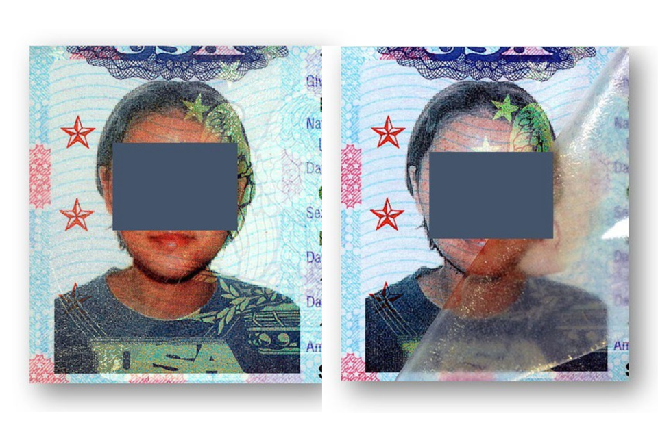 Example of a forged USA passport where a laminate overlay has been used.