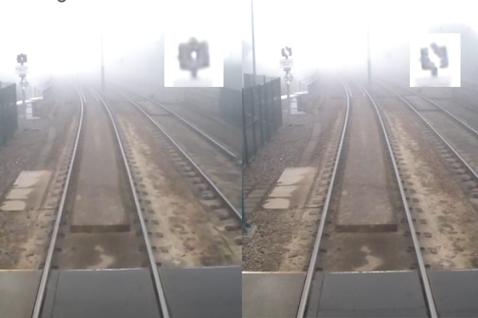 Forward-facing CCTV from tram as it arrived at David Lane tram stop in foggy weather, before derailment. 