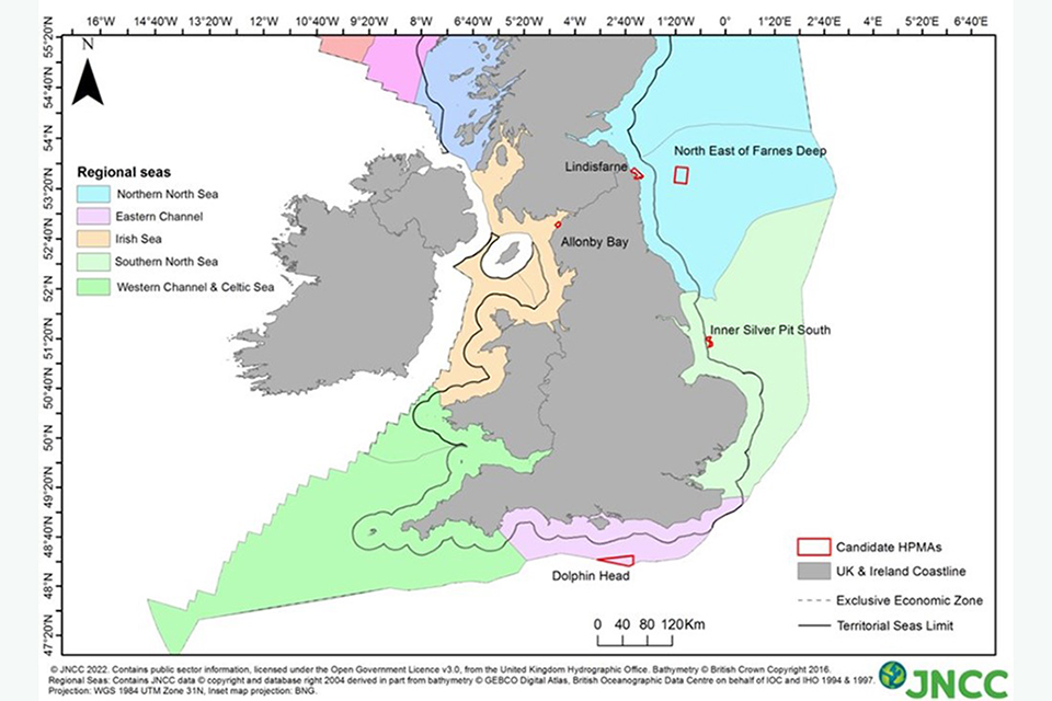 Map of the UK showing the locations of the 5 candidate HPMAs.