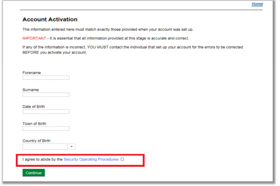 Screenshot of NSVS Account Activation screen