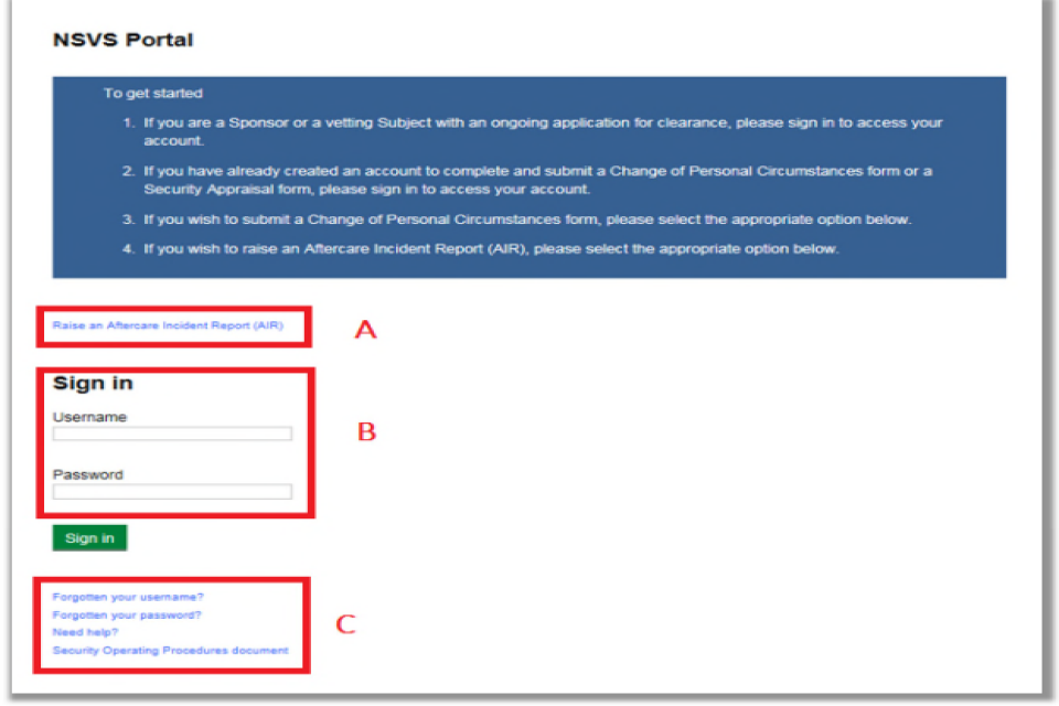 Screenshot of NSVS portal logon screen