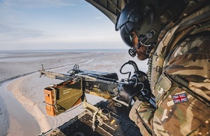 During the exercise, the Chinook fired twin M134 Miniguns and single M60D General Purpose Machine guns at a mix of purpose-built targets.