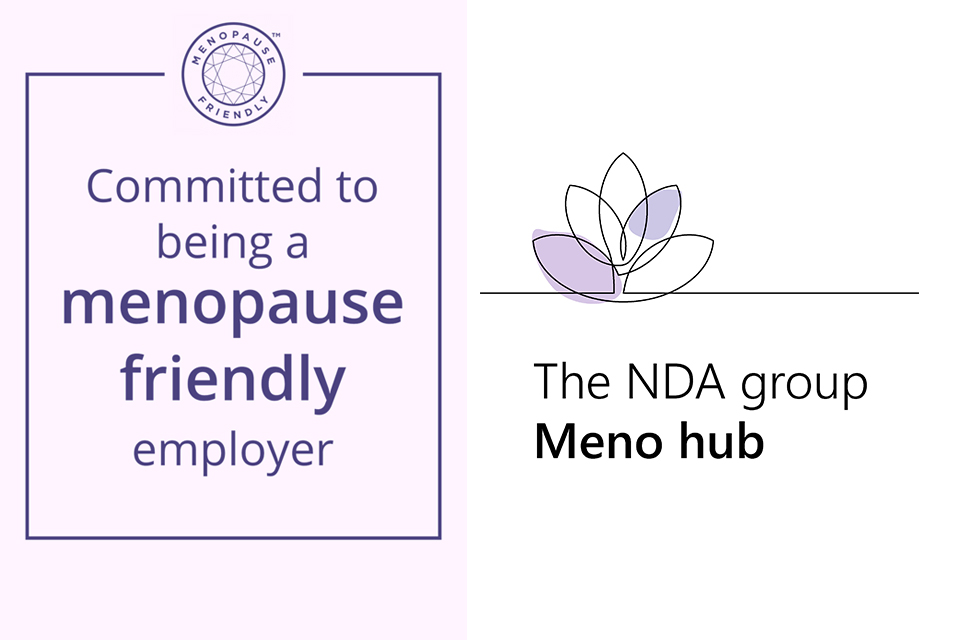 Purple background with Menopause friendly employer badge and group network logo