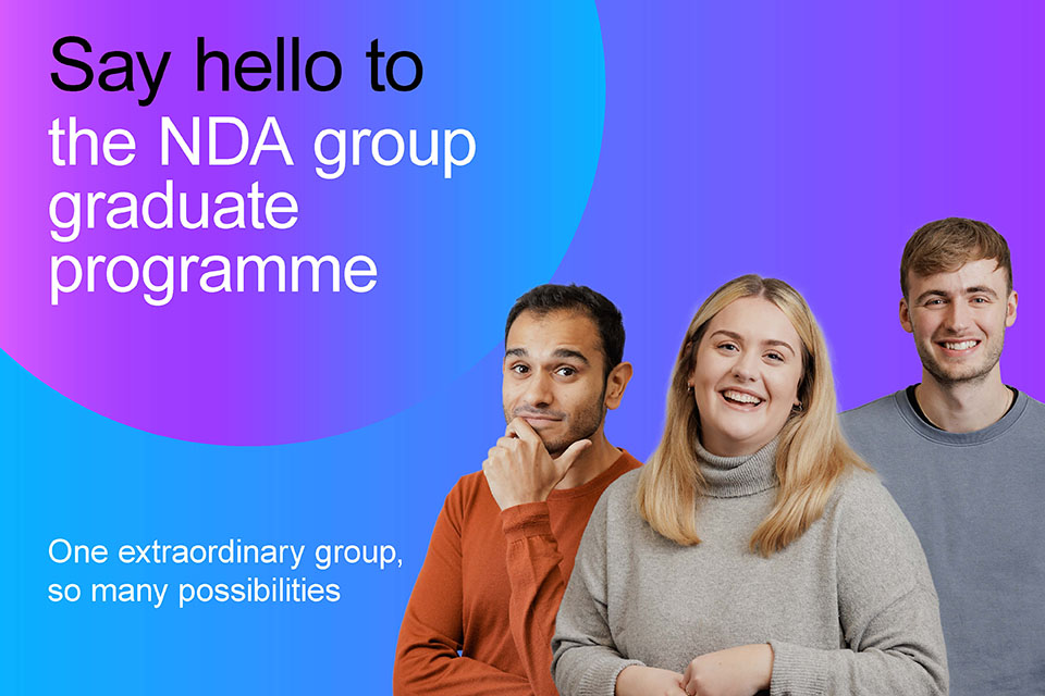 Male and female graduates against a pink, purple and blue gradient colour with title 'Say hello to the NDA group graduate programme'