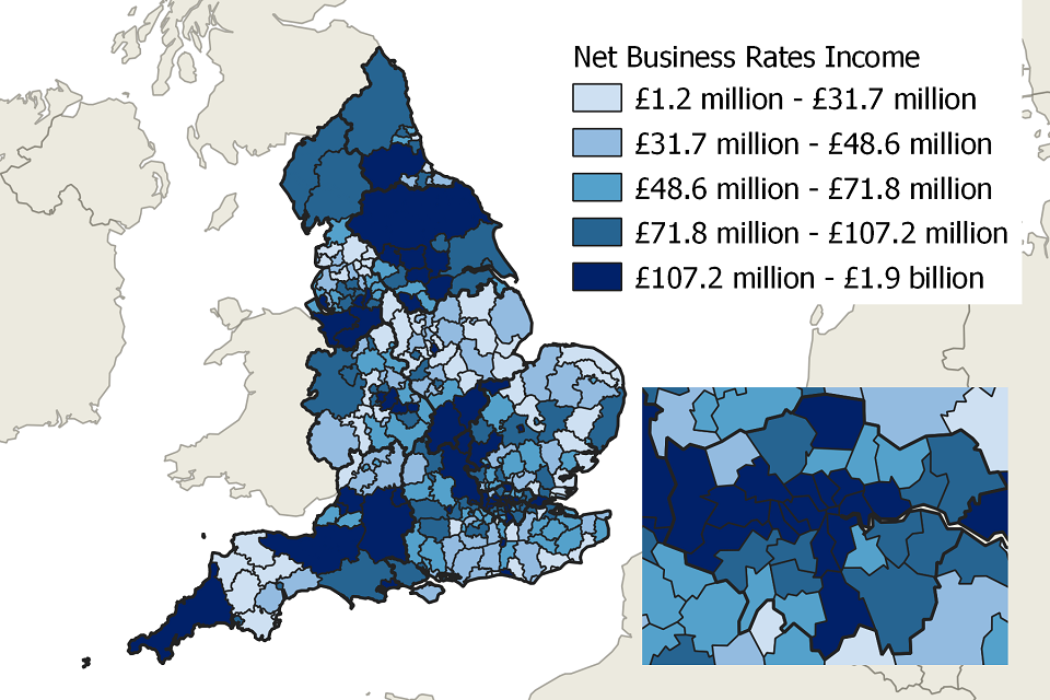 A colour-coded map which shows how forecast high business rates income is in different local authorities in England