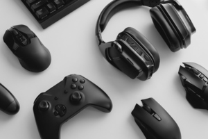 Xbox gaming controller alongside headphones and mice for computers