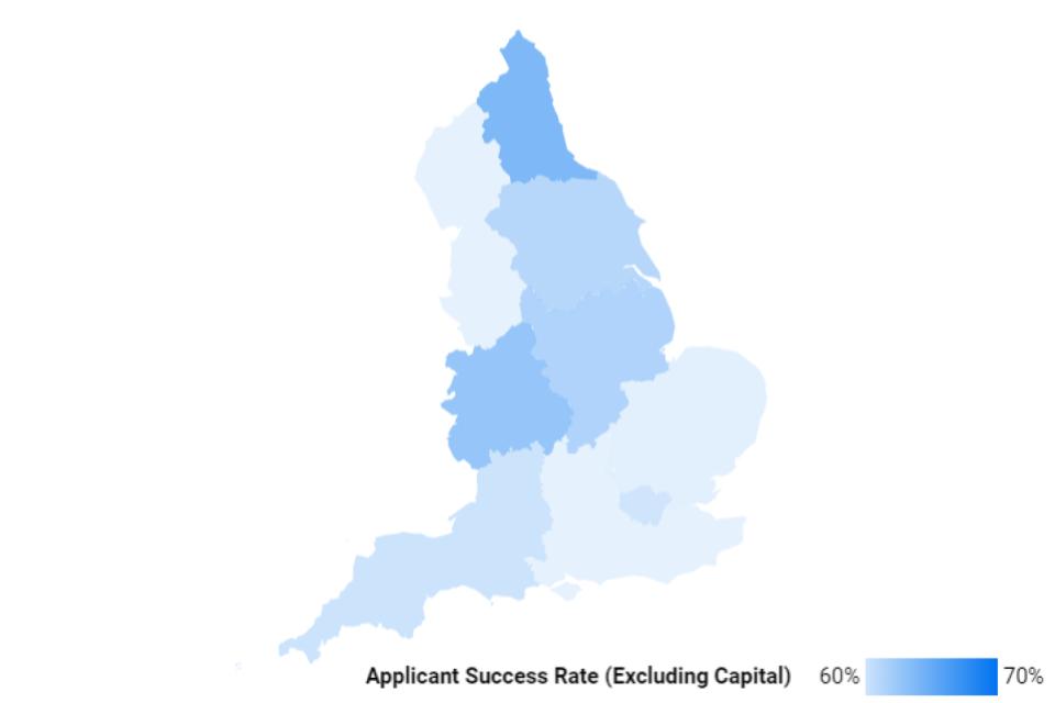 Figure 1.3 shows a heat-map of application success rates. It shows the West Midlands and the North East having high success rates.
