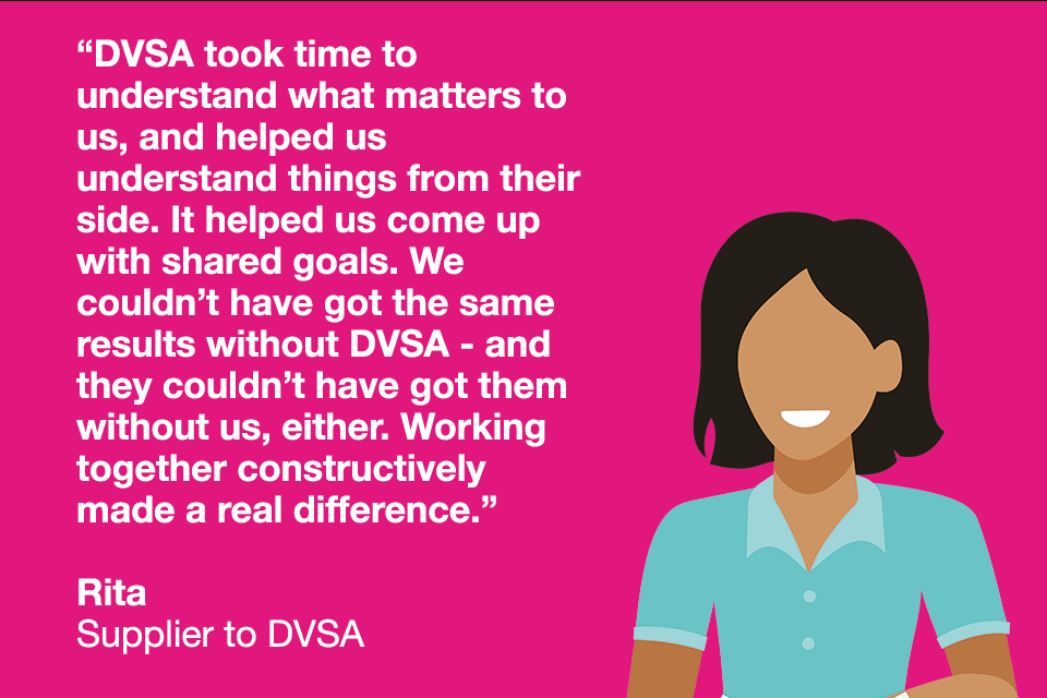 Quote from supplier to DVSA "DVSA took the time to understand what matters to us, and helped us understand things from their side."