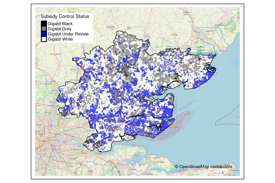 Essex (Lot 21) Postcode level map (showing subsidy control classifications at a postcode level)