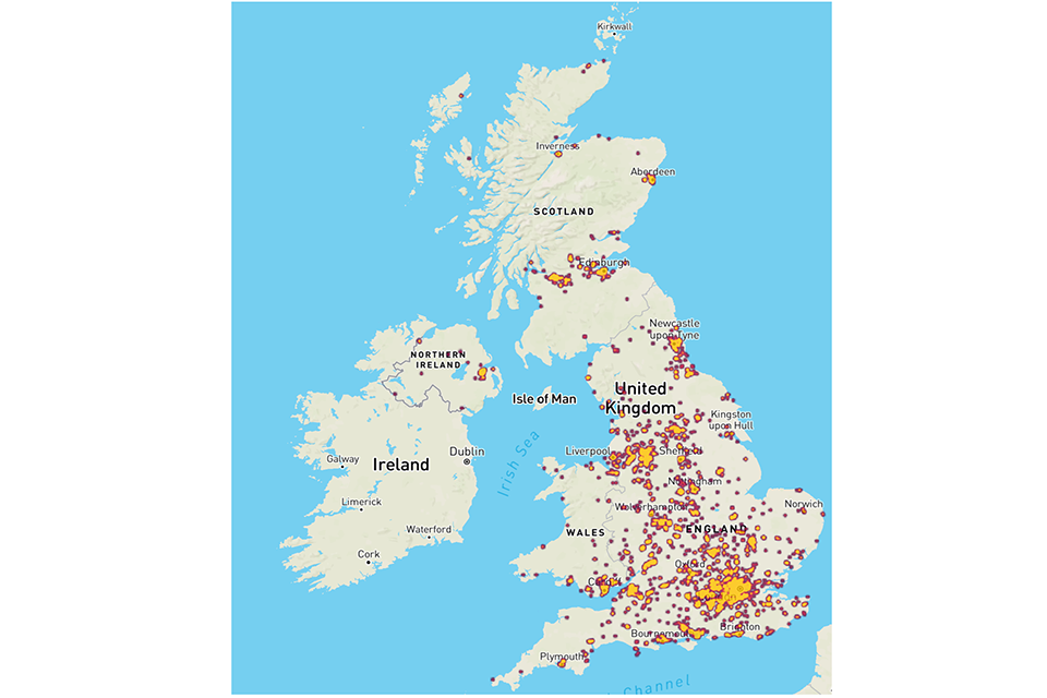 A 'heatmap' showing the location of cyber security firms on a map of the UK