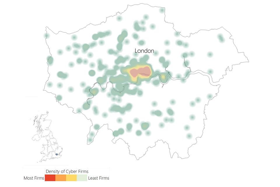 A heat map showing the location of cyber security firms in Greater London