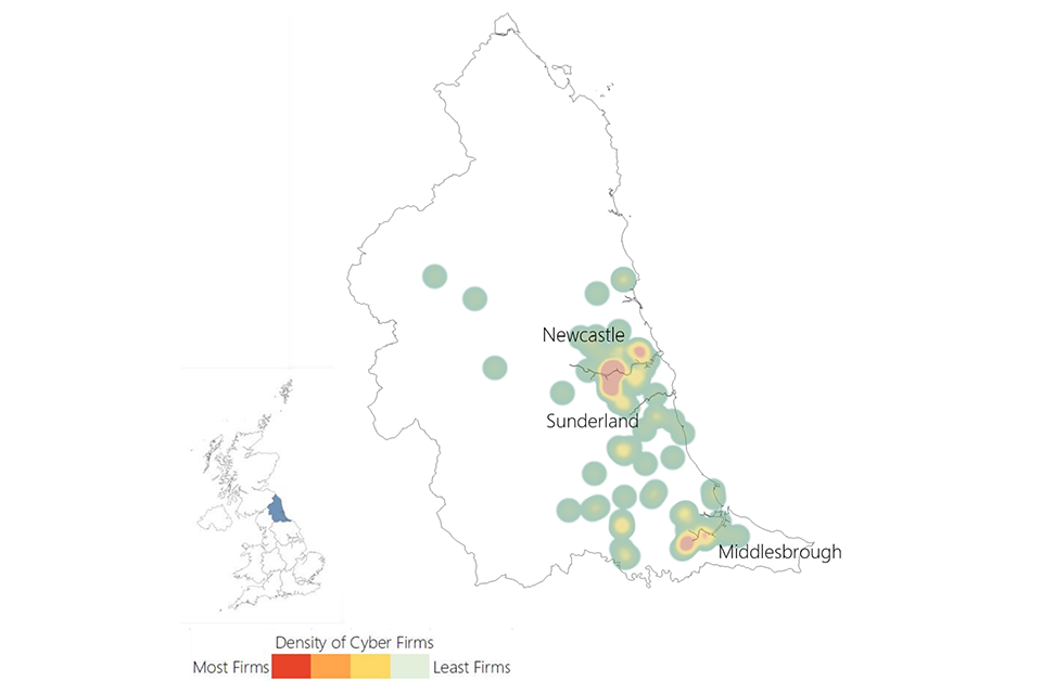 A heat map showing the location of cyber security firms in the North East