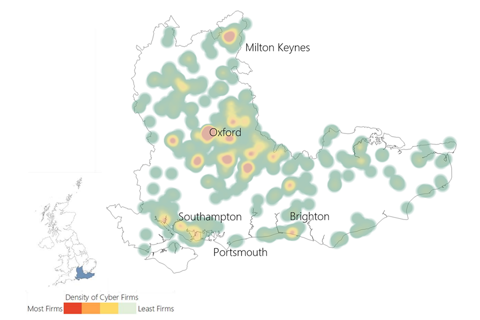 A heat map showing the location of cyber security firms in the South East