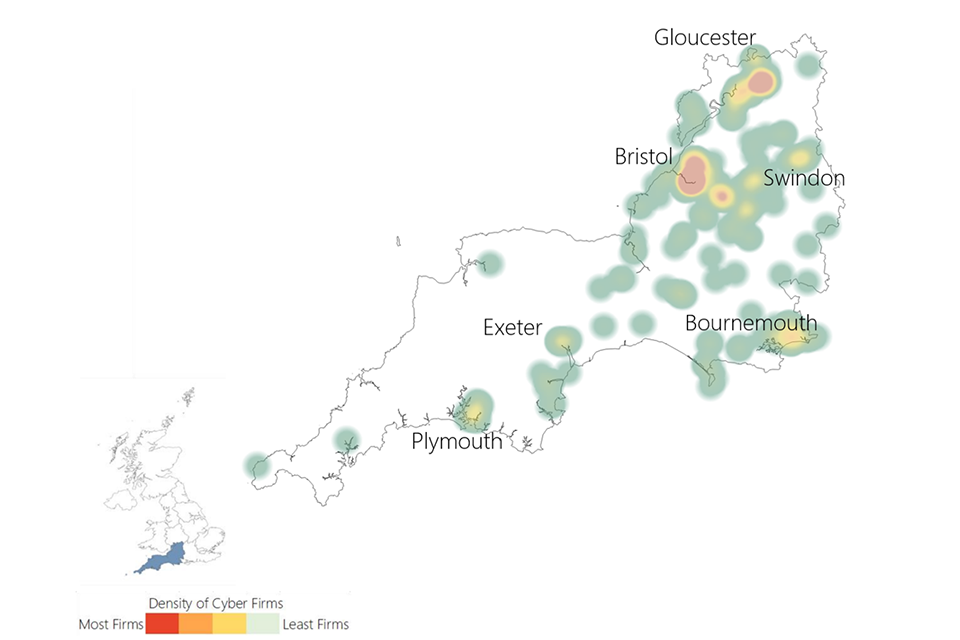 A heat map showing the location of cyber security firms in the South West