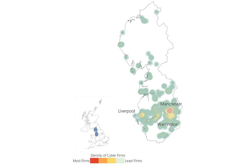 A heat map showing the location of cyber security firms in the North West