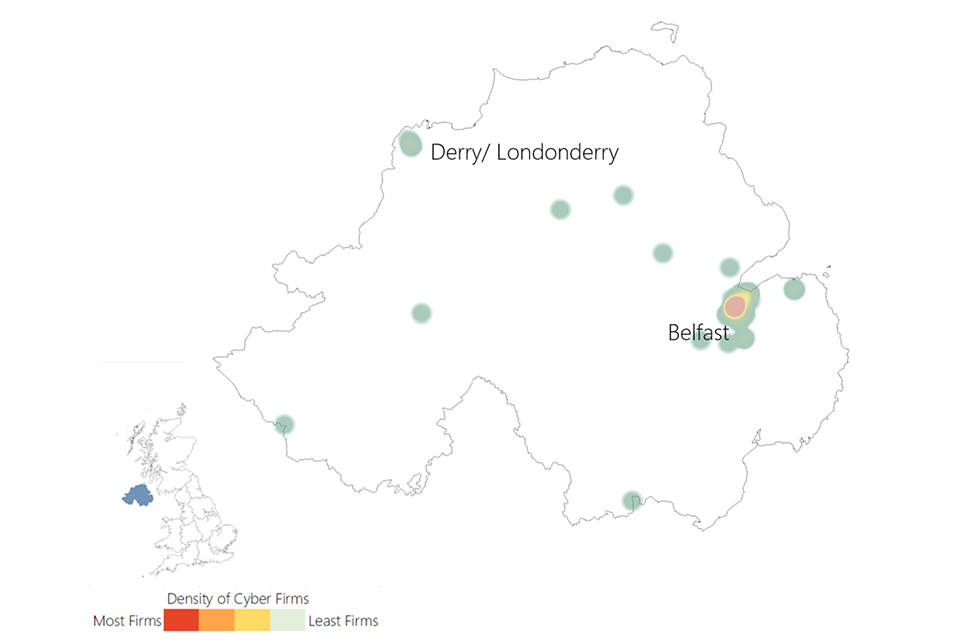 A heat map showing the location of cyber security firms in Northern Ireland