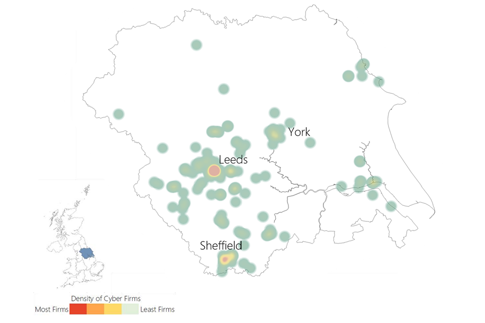 A heat map showing the location of cyber security firms in Yorkshire and the Humber