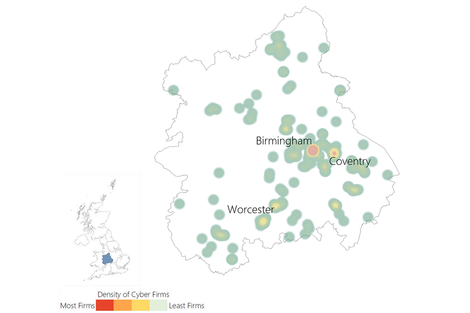 A heat map showing the location of cyber security firms in the West Midlands