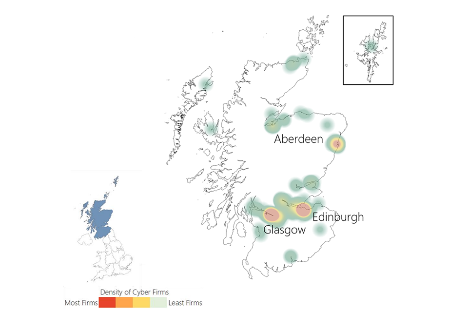 A heat map showing the location of cyber security firms in Scotland