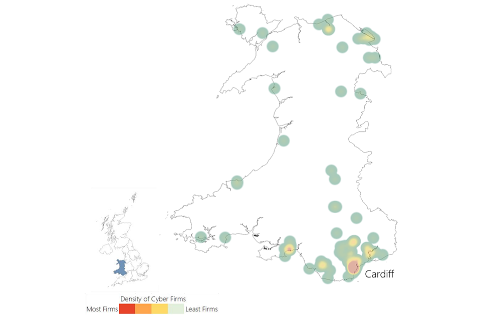 A heat map showing the location of cyber security firms in Wales