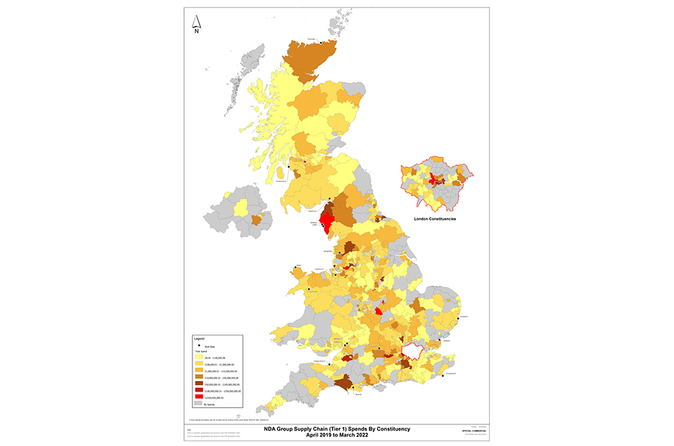 UK map showing the NDA group supply chain spends by constituency from April 2019 to March 2022 by colour mapping 