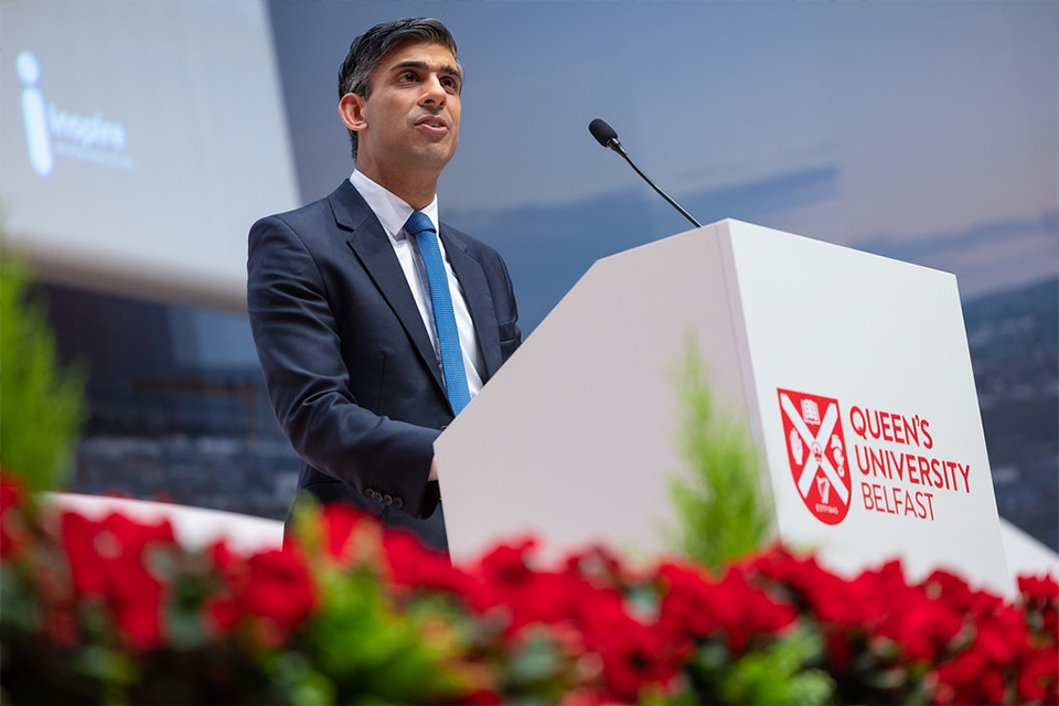 PM Rishi Sunak giving speech at Queen's university, Belfast