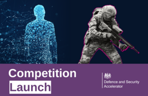 Image of UK soldier alongside a render of a futuristic digitalised human body.