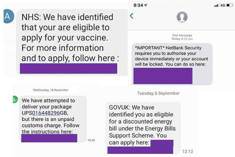 Four screenshots of scam texts.