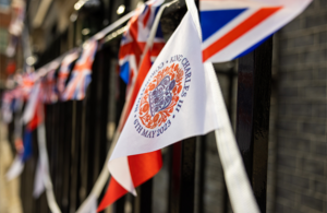 Photo of Coronation bunting outside 10 Downing Street.