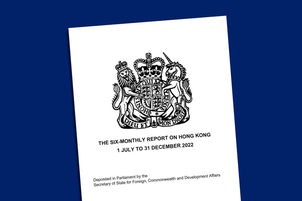 The cover of the Six Monthly Report on Hong Kong - July - December 2022 on a blue background