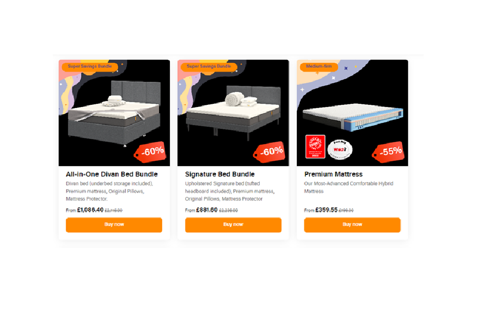 Screenshot of website showing 3 listings for discounted mattresses