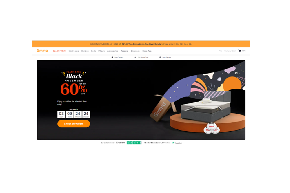 Скриншот веб-сайта матрасов с большим знаком скидки 60% и часами обратного отсчета, показывающими, когда распродажа закончится.
