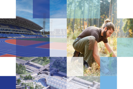 Collage image featuring a man in a field and a sports stadium