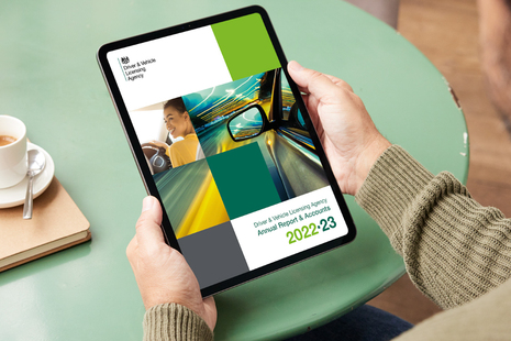 DVLA annual report and accounts 2022 to 2023 displayed on a tablet device