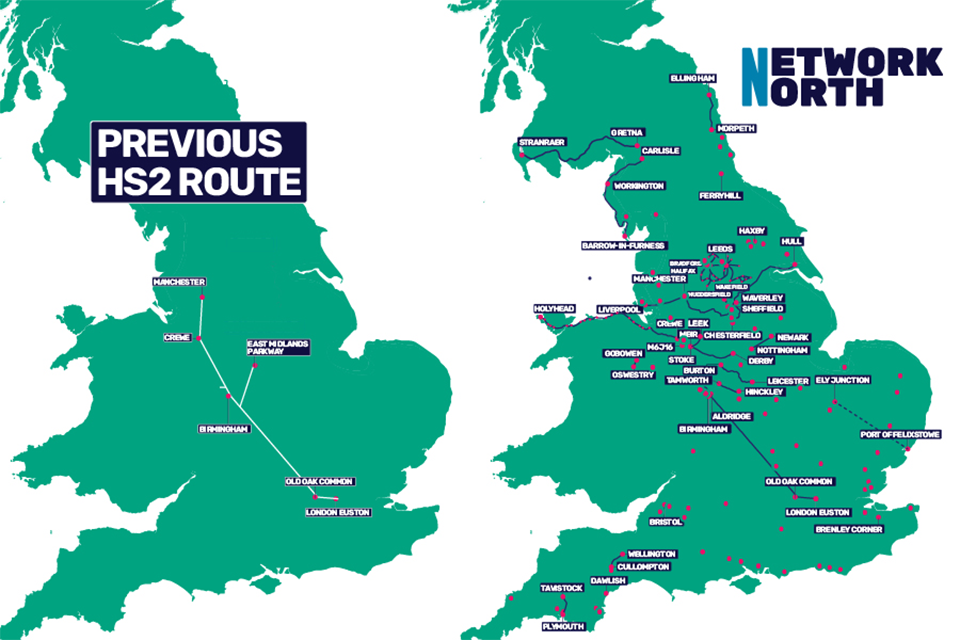 Two maps side by side of the UK, showing the previous HS2 route and the new Network North plans. 