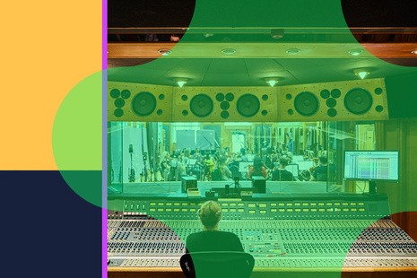 a person sits in a sound production room. The image is overlaid with bright colours.