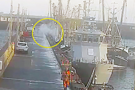 CCTV still of the maintenance pier with a cloud of aerosol particles coming from Resurgam's engine room highlighted.