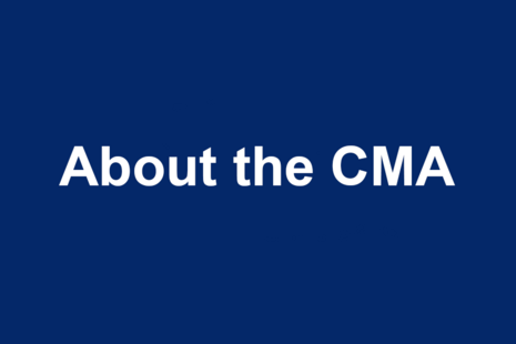 Blue background with white text, text reads: About the CMA.