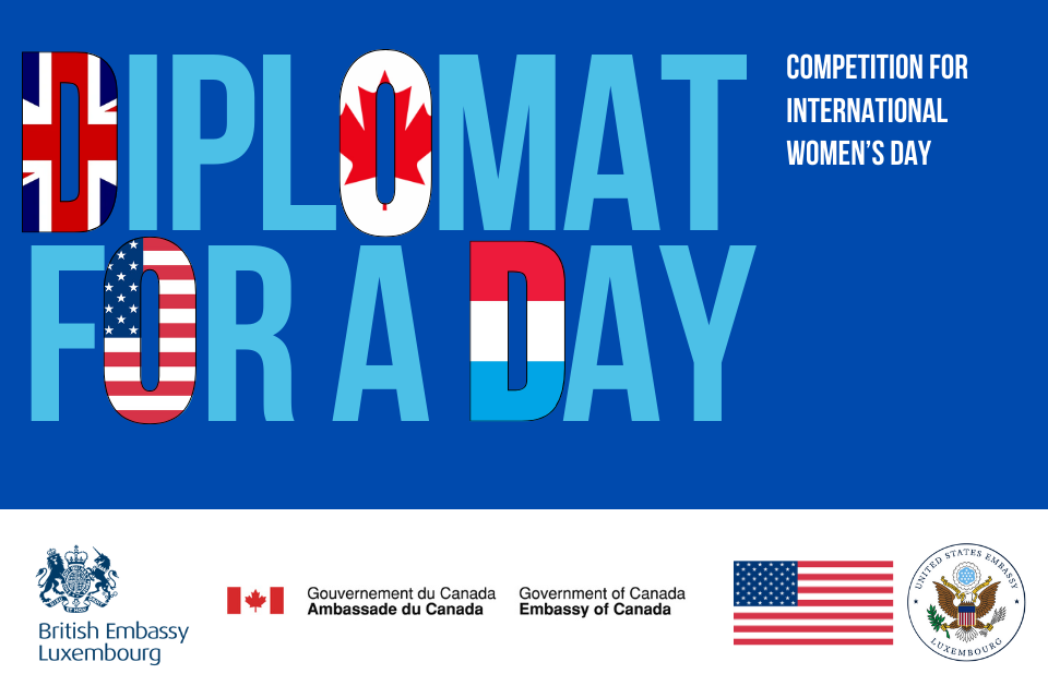 Diplomat for a Day logo featuring the crest of the British Embasy, the US Embassy and the Canadian Embassy