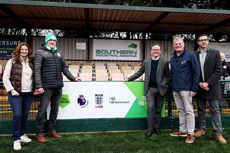 From L to R: Gillian Keegan MP, Andy Bell, Chair of Chichester City FC, Bill Bush, Senior Advisor, Premier League, Sports Minister Stuart Andrew, Dean Potter, Director of Grant Management Football Foundation. Credit: Football Foundation.