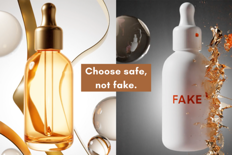 ‘Choose Safe Not Fake campaign branding. Stylized graphic of skincare bottle in orange, next to replica white bottle stating ‘fake’ with choose safe not fake slogan’
