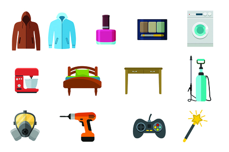 Montage of clothing, cosmetics, electrical products, furniture, garden equipment, PPE, tools and toys.