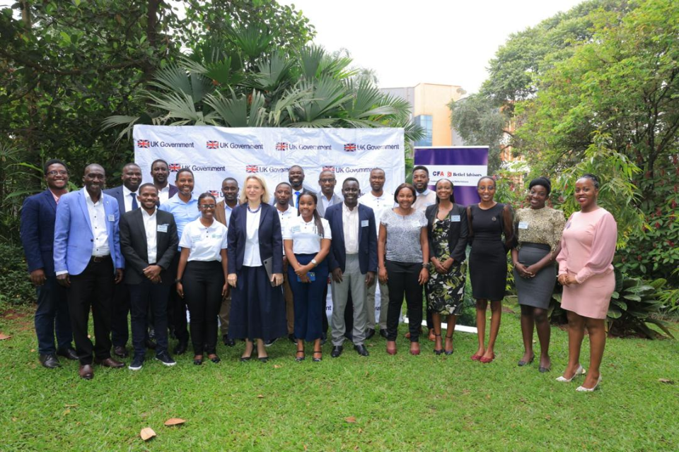 H.E Kate Airey British High Commissionerto Uganda (center) poses with project leads of the 8 Ugandan climate projects at the Climate Accelerator  close out event