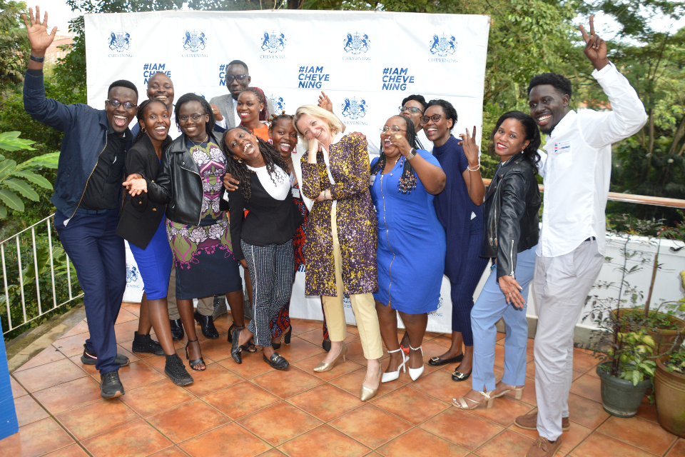 H.E Kate Airey British High Commissioner to Uganda (center) poses with Chevening scholars  2022-23 at their welcome back event