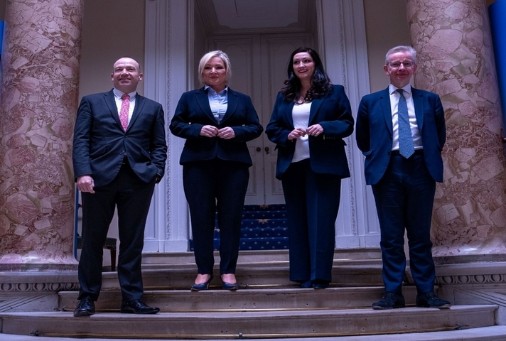 Pictured from left to right: Secretary of State for Northern Ireland, Chris Heaton-Harris; NI First Minister, Michelle O’Neill; NI deputy First Minister, Emma Little-Pengelly; Secretary of State for Levelling Up, Housing and Communities, Michael Gove.